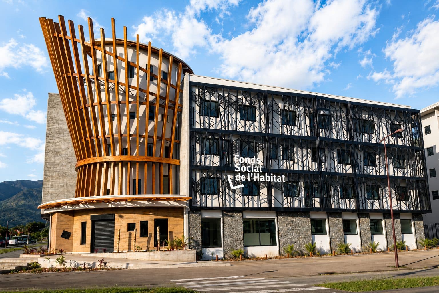 Façade du siège du FSH et sa tour d’angle habillée d’une résille de bois, sous un ciel bleu